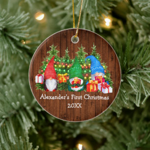 Baby First Christmas Lights Gnomes Rustic Ceramic Ornament