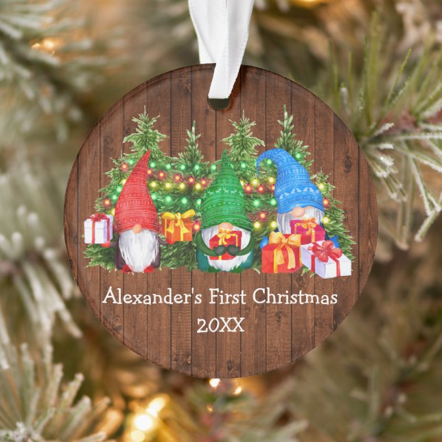 Baby First Christmas Lights Gnomes Rustic Ornament (Tree)