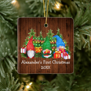 Baby First Christmas Lights Gnomes Rustic Square Ceramic Ornament