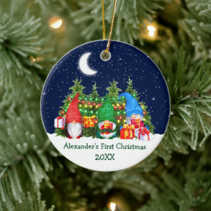 Baby First Christmas Lights Watercolor Gnomes Sky Ceramic Ornament