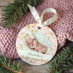 Baby First Christmas Magical Gold Snowflakes Photo Ornament<br><div class="desc">Magical gold snowflake border baby's first Christmas photo keepsake ornament. Pink and gold baby's first Christmas keepsake ornament can be customised with the baby's name,  the year,  and one photo on the front and one on the back.</div>