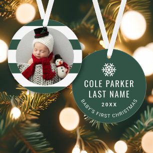 Baby First Christmas Modern Green Stripes Photo Ornament