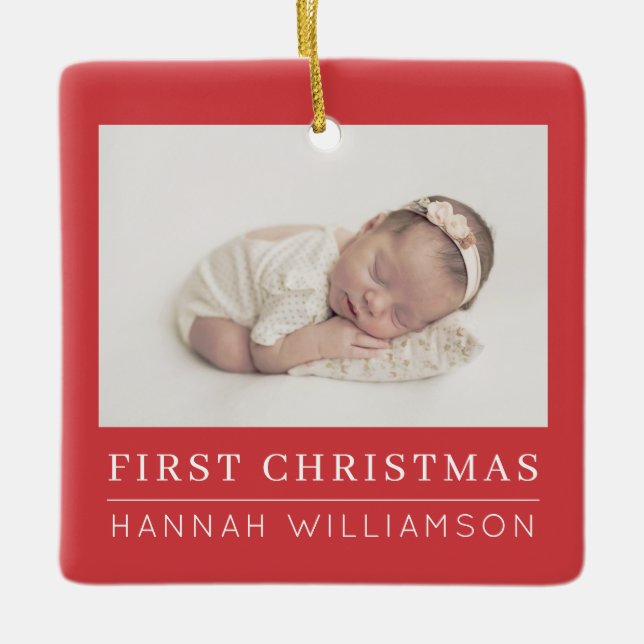 Baby First Christmas Modern Minimalist Photo Ceramic Ornament (Front)