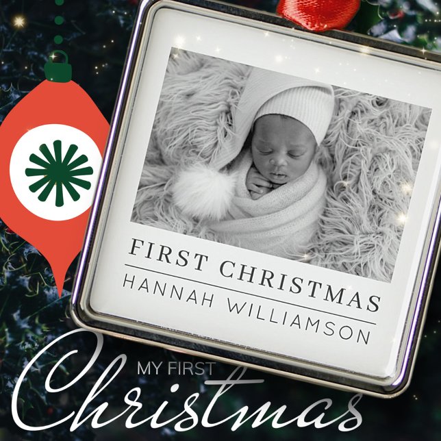 Baby First Christmas Modern Minimalist Photo Metal Ornament (Creator Uploaded)