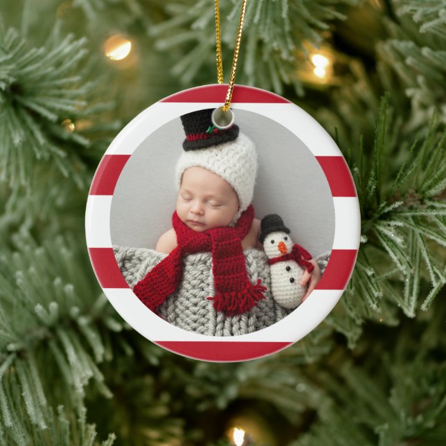 Baby First Christmas Modern Red Stripes Photo Ceramic Ornament (Tree)