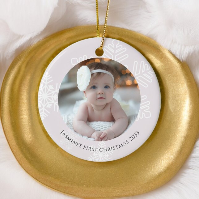 Baby First Christmas modern Snowflakes Photo Ceramic Ornament (modern pink background with white snowflakes babys first christmas ornament , with custom name)