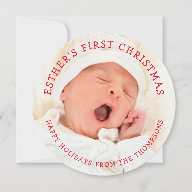 Baby First Christmas Name Photo Circular Christmas Holiday Card (Front)