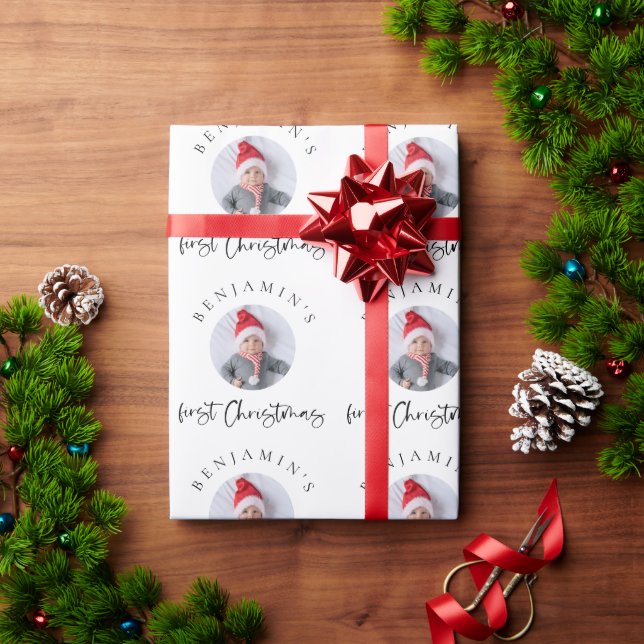 Baby First Christmas Name Photo Pattern Wrapping Paper (Holiday Gift)