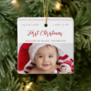 Baby First Christmas Name Stats Red Script Photo Ceramic Ornament
