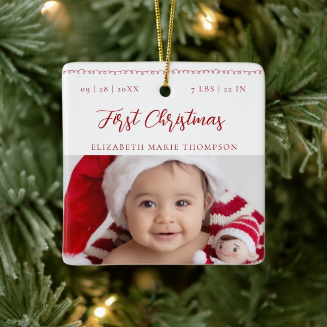 Baby First Christmas Name Stats Red Script Photo  Ceramic Ornament (Tree)