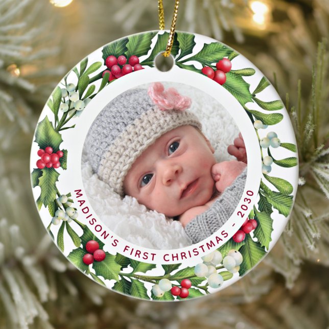 Baby First Christmas Personalise 2 Photo Mistletoe Ceramic Ornament (Creator Uploaded)