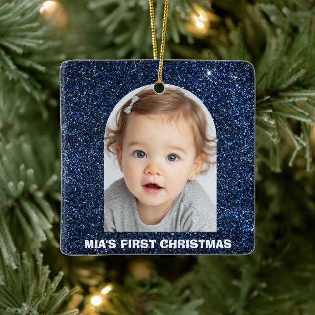 Baby First Christmas Photo Blue Glitter Ornament (Tree)