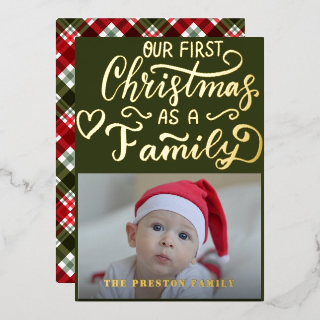 Baby First Christmas Photo Calligraphy Luxury Real Foil Holiday Card (Front/Back)