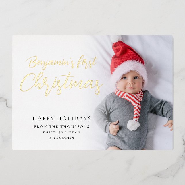 Baby First Christmas Photo Calligraphy Luxury Real Foil Holiday Card (Front)