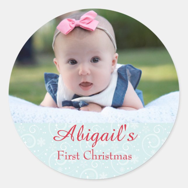 Baby First Christmas Photo Classic Round Sticker (Front)
