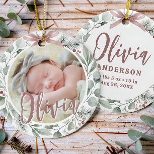 Baby First Christmas Photo Dusty Rose & Greenery Ceramic Ornament