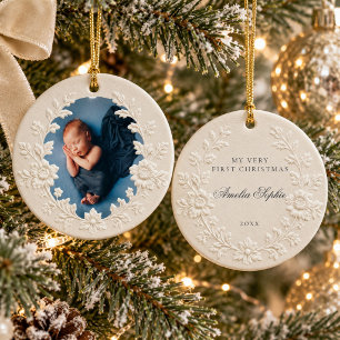 Baby First Christmas Photo Embossed Floral Wreath Ceramic Ornament