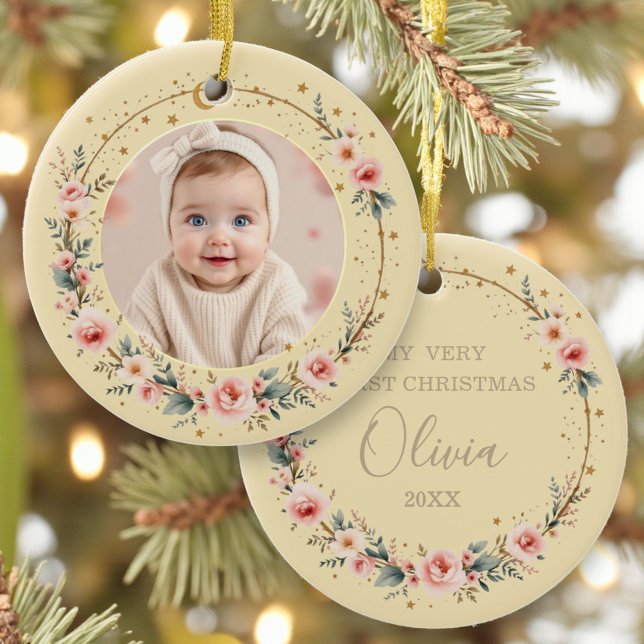 Baby First Christmas Photo Gold Celestial Stars Ceramic Ornament (Creator Uploaded)