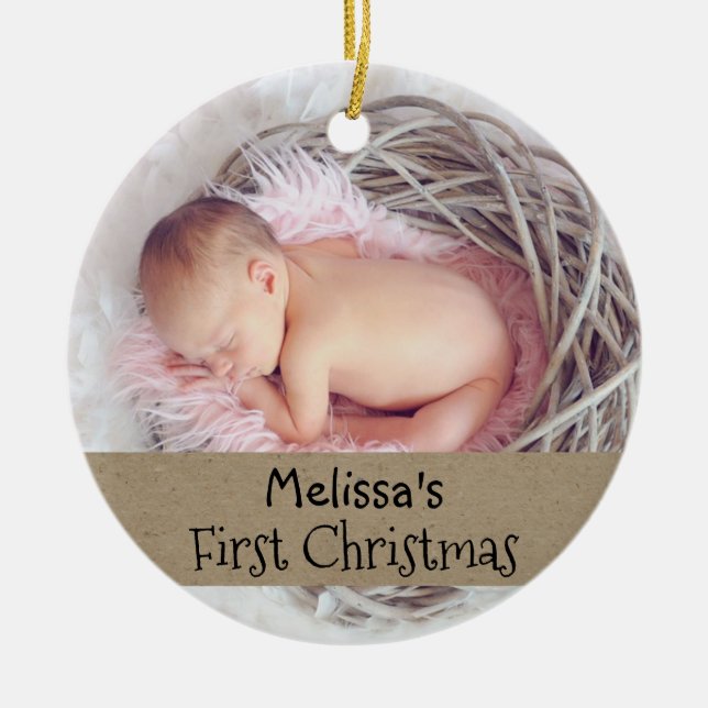 Baby First Christmas Photo Holiday Ceramic Ornament (Front)