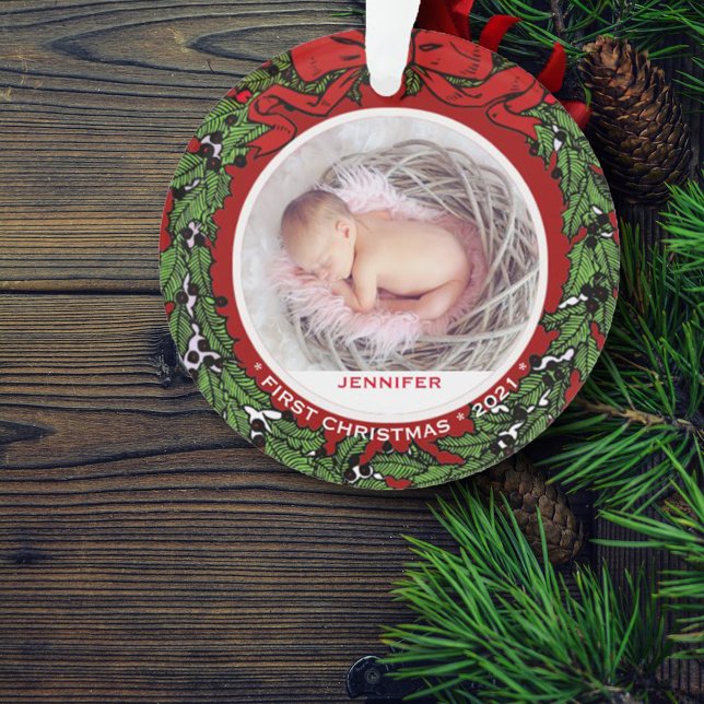 Baby First Christmas photo holly wreath Ornament (Creator Uploaded)
