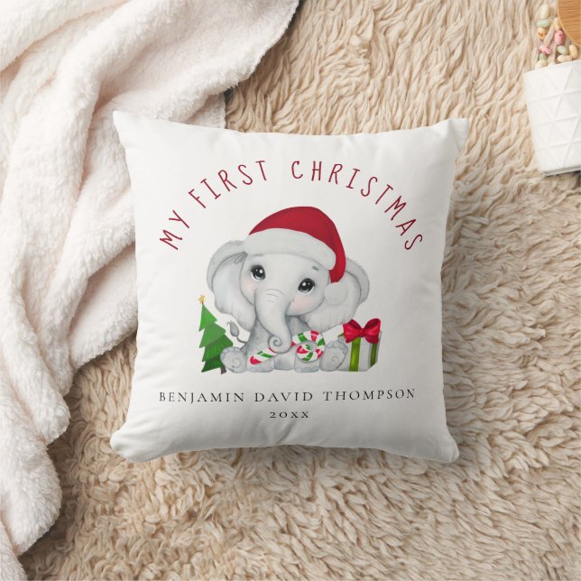 Baby First Christmas Photo Name Cute Elephant Cushion (Blanket)