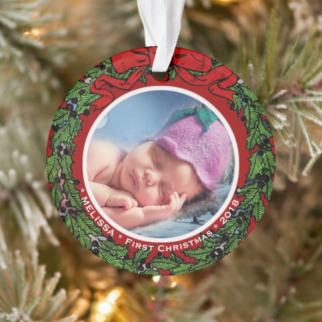 Baby First Christmas Photo name holly wreath Ornament (Tree)