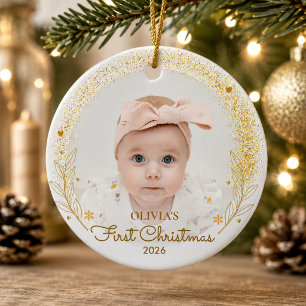 Baby First Christmas Photo Name Year Gold Ceramic Ornament