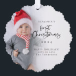 Baby First Christmas Photo Overlay 2025 Calendar Tree Decoration Card<br><div class="desc">Baby First Christmas Photo Overlay 2025 Calendar. Your baby’s first Christmas is very special, and this handy all-in-one ornament and card, has a photo of your new arrival, name and year, with First Christmas in a stylish set script, and your festive greeting and names, with a practical 2025 calendar and...</div>