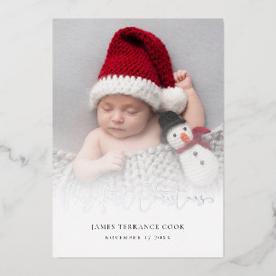 Baby First Christmas Photo Overlay Date of Birth F Foil Holiday Card
