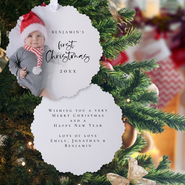 Baby First Christmas Photo Overlay Script Tree Decoration Card (Front and back view)