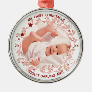 Baby First Christmas Photo - Pink Holly Wreath Metal Ornament