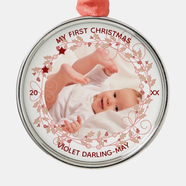 Baby First Christmas Photo - Pink Holly Wreath Metal Ornament (Front)