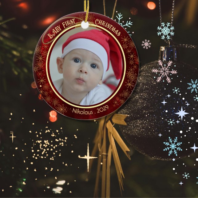 Baby First Christmas Photo Red 2 sided Ceramic Ornament (Baby First Christmas Photo Red 2 sided Ceramic Ornament)