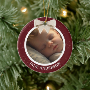 Baby First Christmas Photo White Bow Red Ceramic Ornament