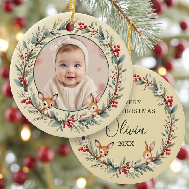 Baby First Christmas Photo Woodland Gold Ceramic Ornament (Creator Uploaded)