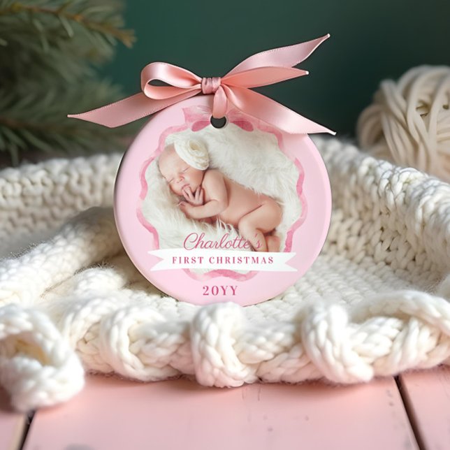 Baby First Christmas Pink Ribbon & Bow Ornament (Baby First Christmas Pink Ribbon & Bow Ornament)