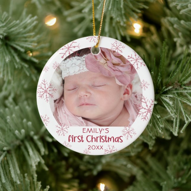 Baby First Christmas Pink Snowflake Girl Name Ceramic Ornament (Tree)