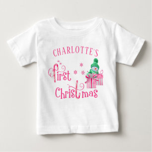 Baby First Christmas Pink Snowman and Snowflakes Baby T-Shirt