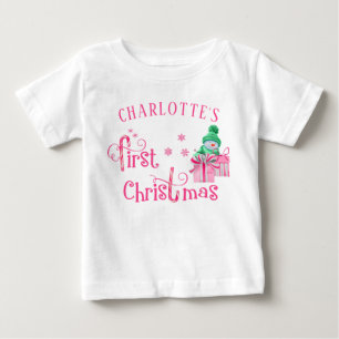 Baby First Christmas Pink Snowman and Snowflakes T-Shirt
