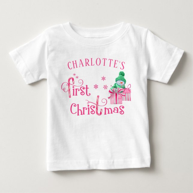 Baby First Christmas Pink Snowman and Snowflakes T-Shirt (Front)
