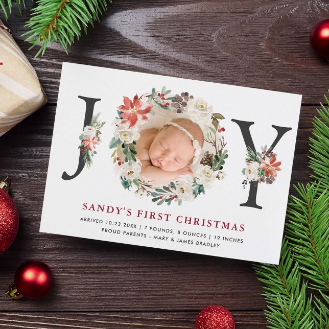 Baby First Christmas Poinsettia Ivory Floral Photo Holiday Card (Creator Uploaded)