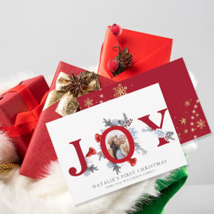 Baby First Christmas Poinsettia Pine Floral Photo Holiday Card