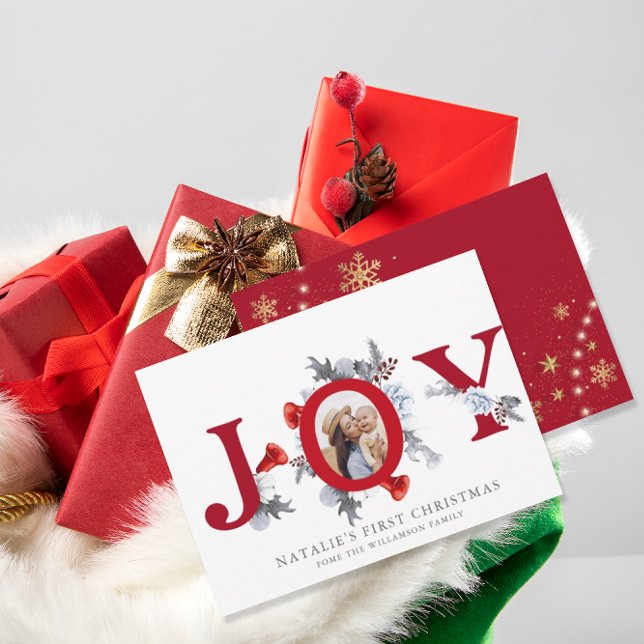 Baby First Christmas Poinsettia Pine Floral Photo Holiday Card (Creator Uploaded)