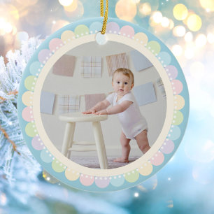 Baby First Christmas Rainbow Flower Frame Photo Ceramic Ornament
