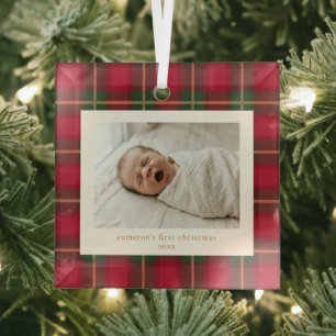 Baby First Christmas Red Green Plaid Newborn Photo Glass Tree Decoration