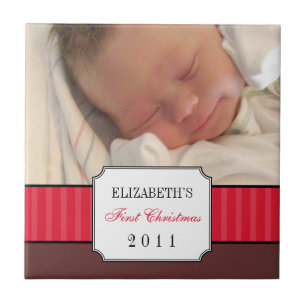 Baby first christmas red ribbon stripe keepsake ceramic tile