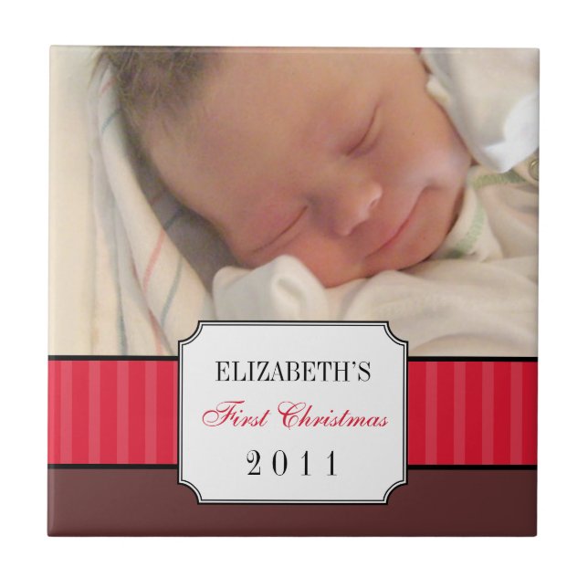 Baby first christmas red ribbon stripe keepsake ceramic tile (Front)