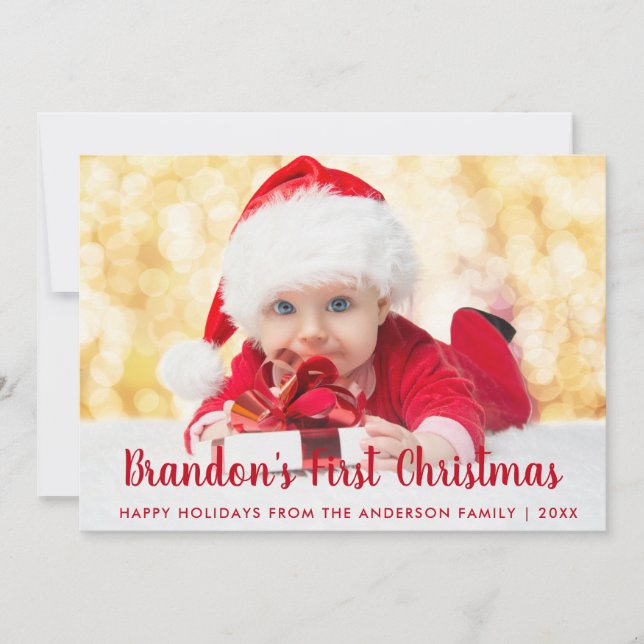Baby First Christmas Red Script Photo Card (Front)