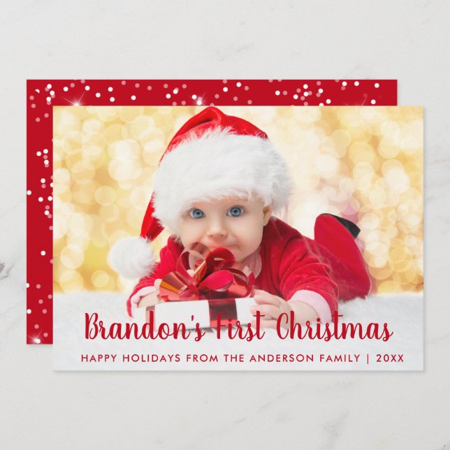 Baby First Christmas Red Script Photo Card RS (Front/Back)