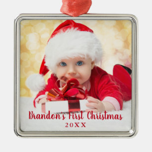 Baby First Christmas Red Script Photo Square Metal Ornament